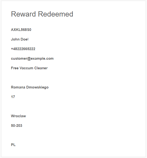 Reward redeemed email